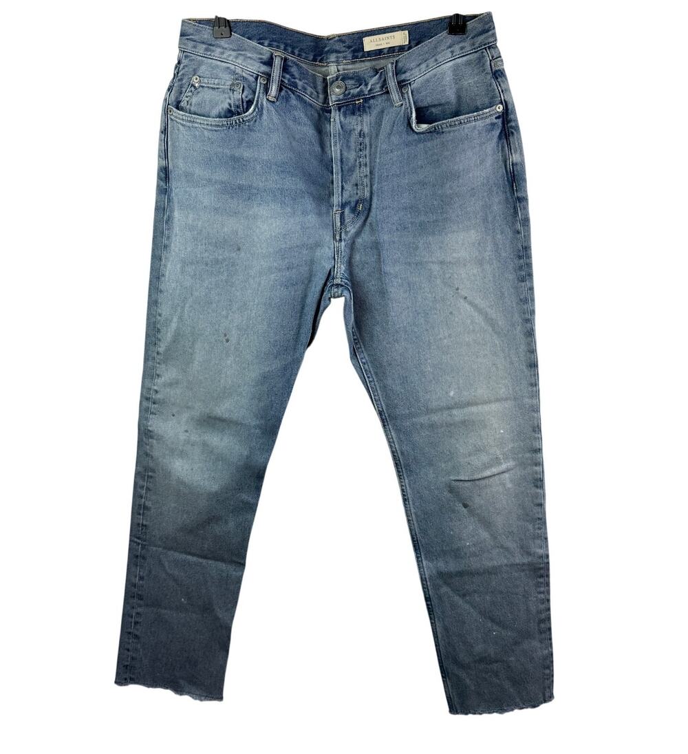 AllSaints Dean Blue Jeans Denim Distressed Straight Leg Raw Hem Zip Fly Size 32